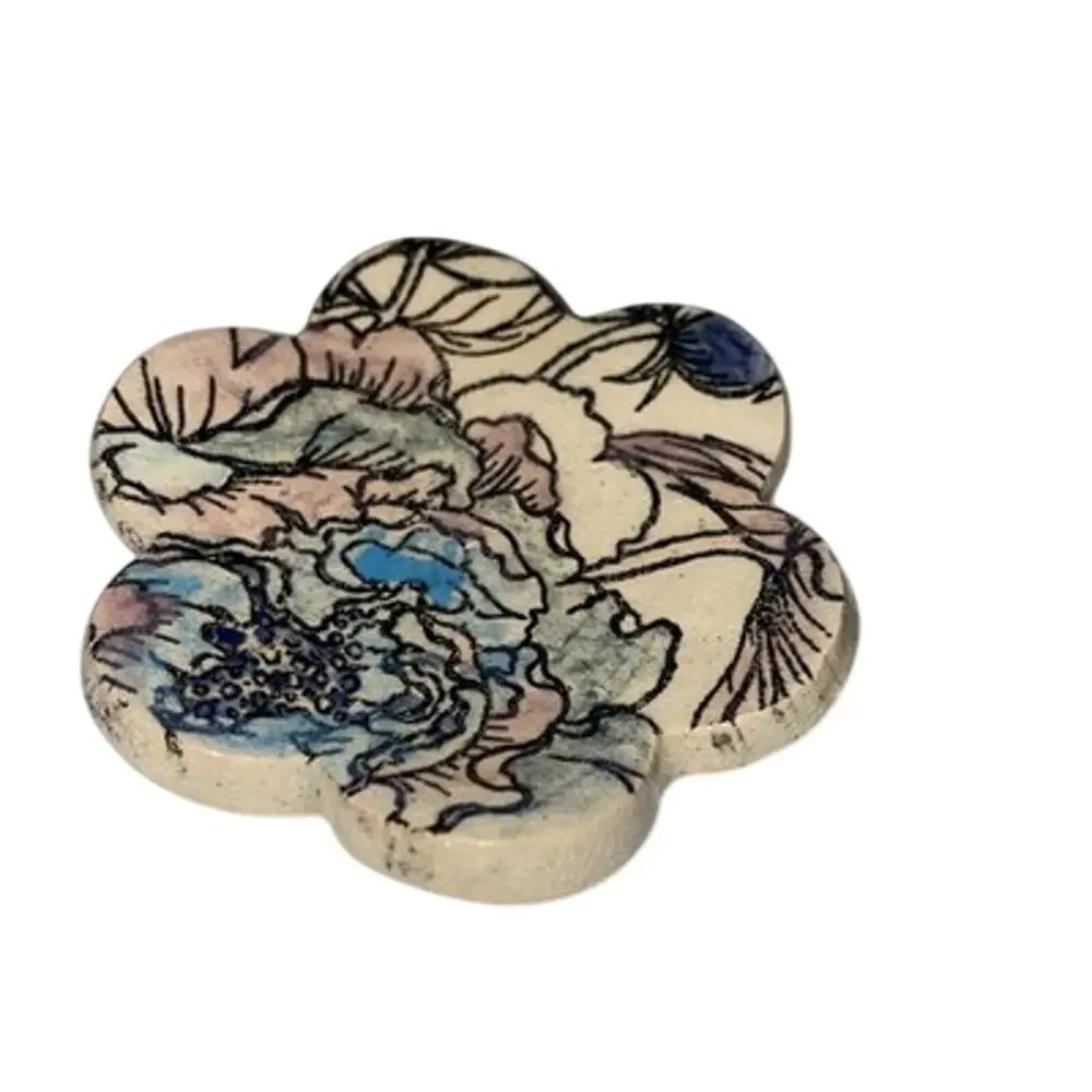 Studio Pottery Small Ring Dish Cream With Floral Pattern Blue Pink Glaze 2”